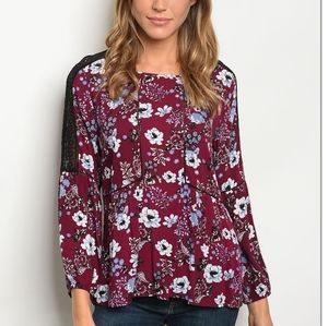Purple Floral Lace Detail Long Sleeve Top, Size L